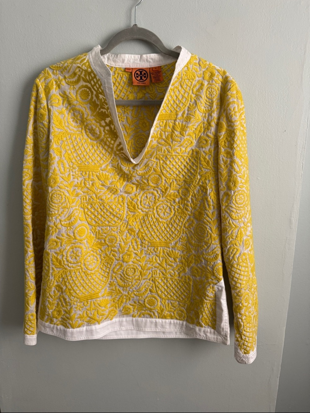 Tory Burch Yellow and White Embroidered V-Neck Top